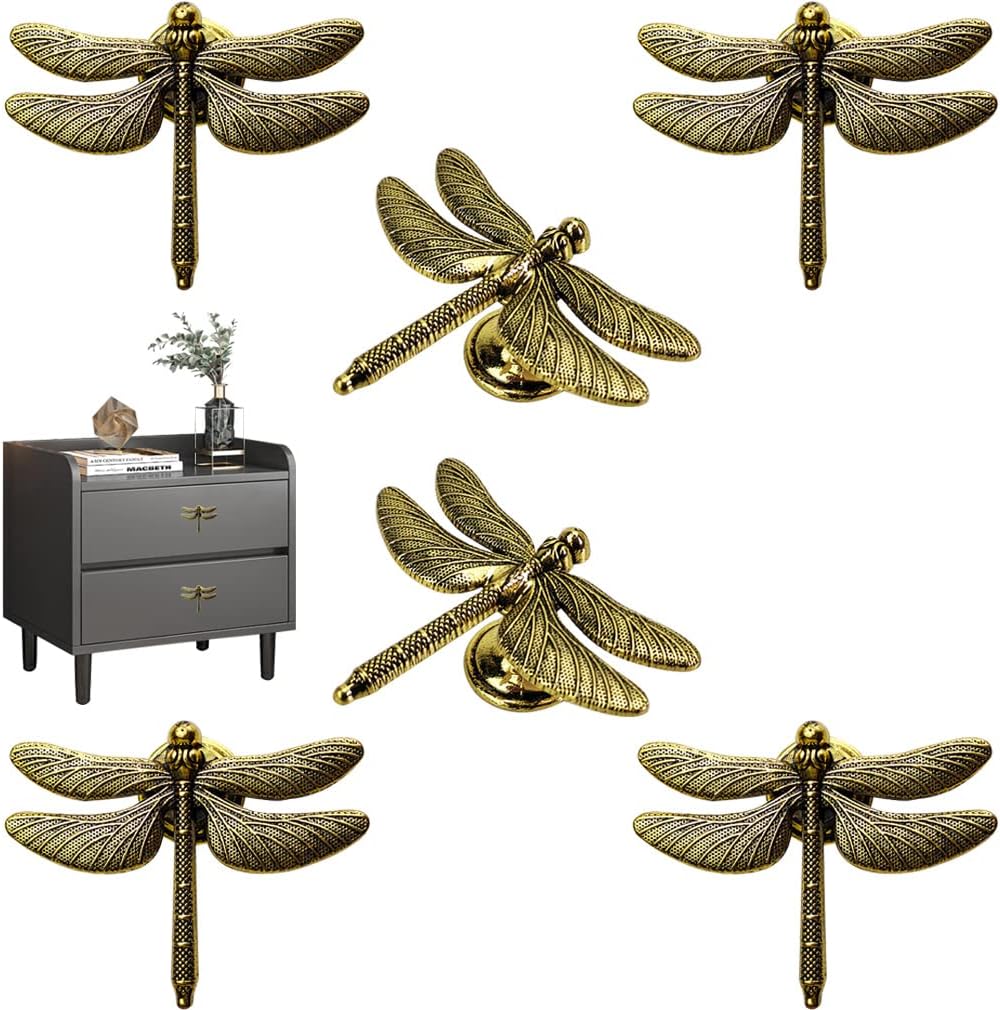 Dragonfly Drawer Knobs Modern Dresser Pulls for Closet Cabinet Cupboard Wardrobe Furniture Door Pulls Home Kitchen Hardware Decoration 6 Pieces (Ancient Gold)