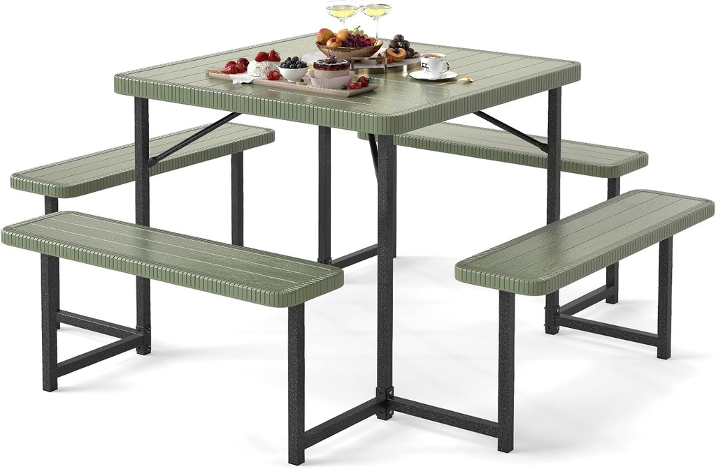 Giantex Picnic Table Bench Set for 4-8 People, 34" Outdoor Square Dining Table & 2 Benches w/Umbrella Hole, HDPE Tabletop, Metal Frame, Patio Camping Furniture for Backyard Porch Lawn (Green,Square)