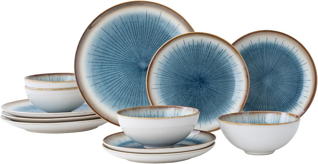 Blue Stoneware Dinnerware Set, 12 Pieces, Blue Stripe Marble, Dishwasher & Microwave Safe