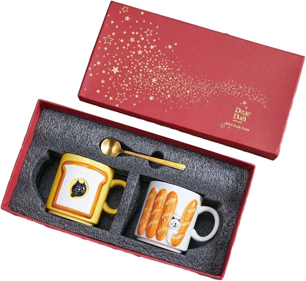 400ml/13.6oz Bread Cat Ceramic Mug Cute Breakfast Cup Gift Box Set-Bread Cat Mug Gift Box Red-301-400ml