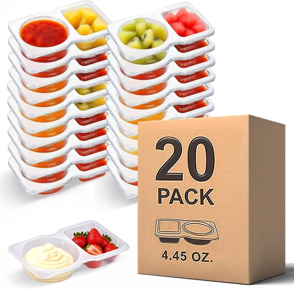 20 Pack Snack Pack Containers, Reusable 2 Compartment Condiment Containers with Lids, Mini Sauce Boxes & Snack Prep Containers for On-the-Go Meals and Camping for Kids and Adults