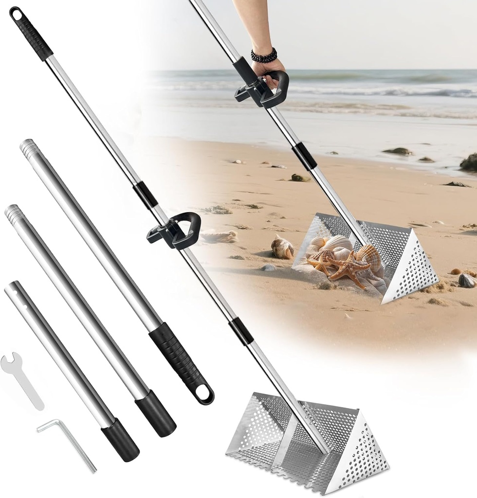 Sand Flea Rake - Heavy Duty Stainless Steel Sand Scoop Detachable 47" Long Handle Sand Sifter for The Beach with 16" Width Basket Metal Detecting Tool for Collecting Shark Teeth (Silver)