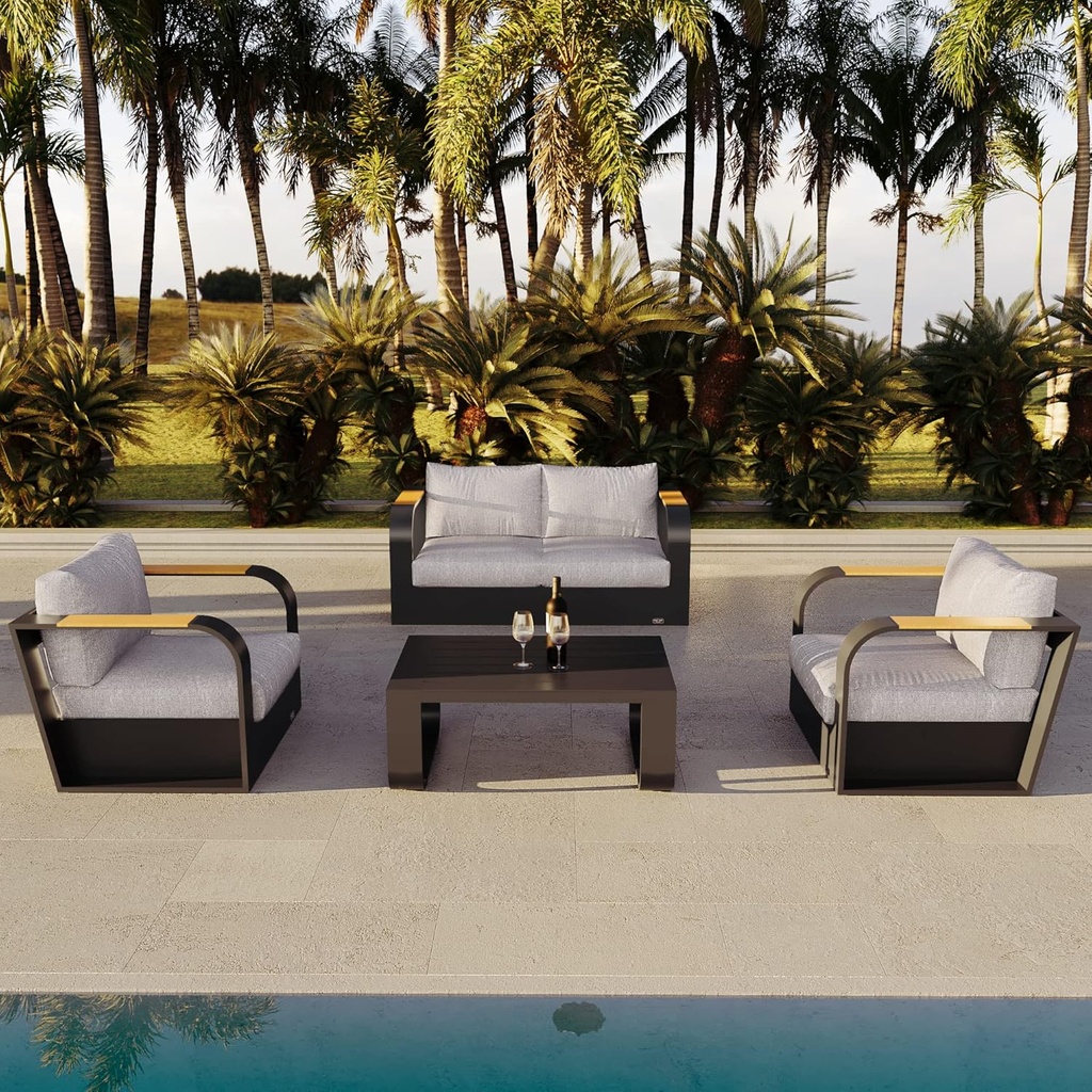 EAST OAK Life Chatter Patio Furniture Set, Outdoor Furniture Corner Sofa Set with Round Coffee Table, 5 Seats Sofa Deep Seating with Thick & Washable Cushions, Earth Black & Misty Grey