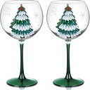 Joeyan Christmas Crystal Balloon Wine Glasses,Hand Painted Large Wine Goblet Glass Cups with Stem,Gin Tonic Cocktail Drinking Glasses with Green Xmas Tree and Snowflakes Patterns,19.5 oz,Set of 2