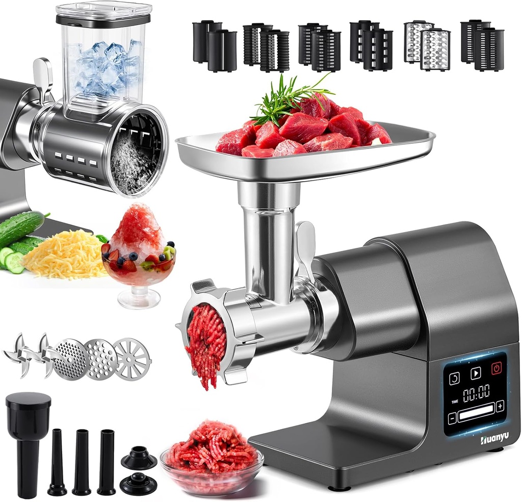Huanyu Electric Meat Grinder 2000W Max Power Heavy Duty, Ice Shaver and Veggie Shredder with Touchscreen, 2 Blades, 3 Plates, Sausage Tubes and Kubbe Kit #10 Outlet for Home Use