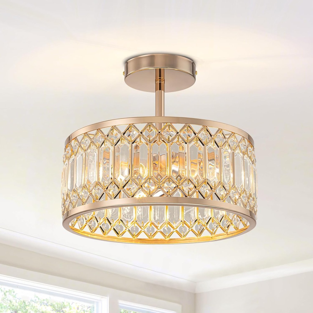 12 Inch Crystal Chandelier Gold Ceiling Light Modern Semi Flush Mount Ceiling Light Round Hallway Lighting Fixtures Chandeliers for Bedroom Entryway Foyer Kitchen Laundry Room (Gold)