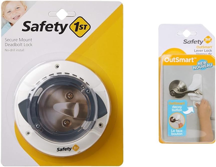 Safety 1st Secure Mount Deadbolt Lock,White & OutSmart Child Proof Door Lever Lock, White, 1 Count