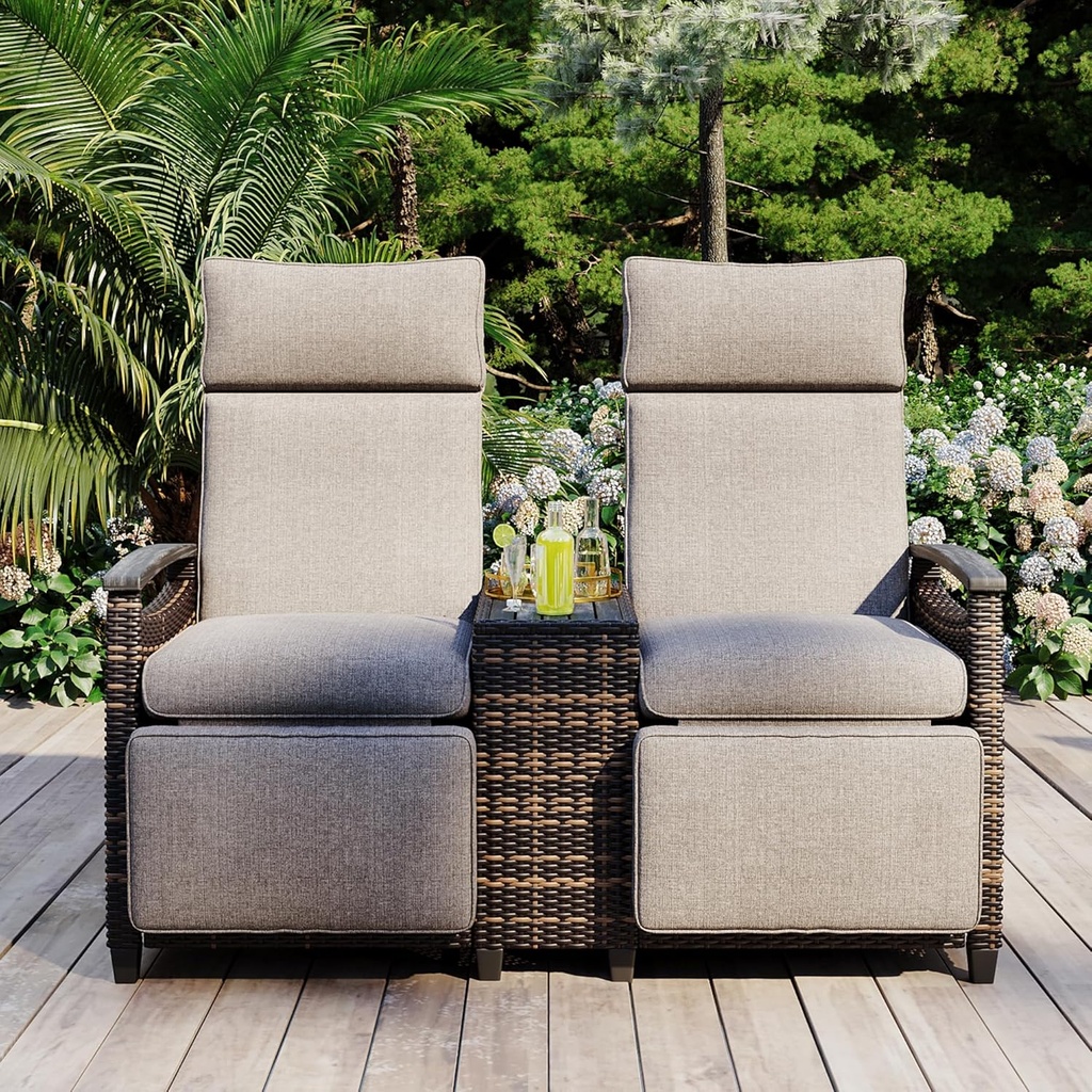 Patio Recliner Loveseat Chair, Adjustable Backrest Wicker Outdoor Lounge Chair Set with Acacia Wood Armrests and Built-in Storage Table, Outdoor Rattan Daybed for Garden Balcony Porch Lawn, Brown