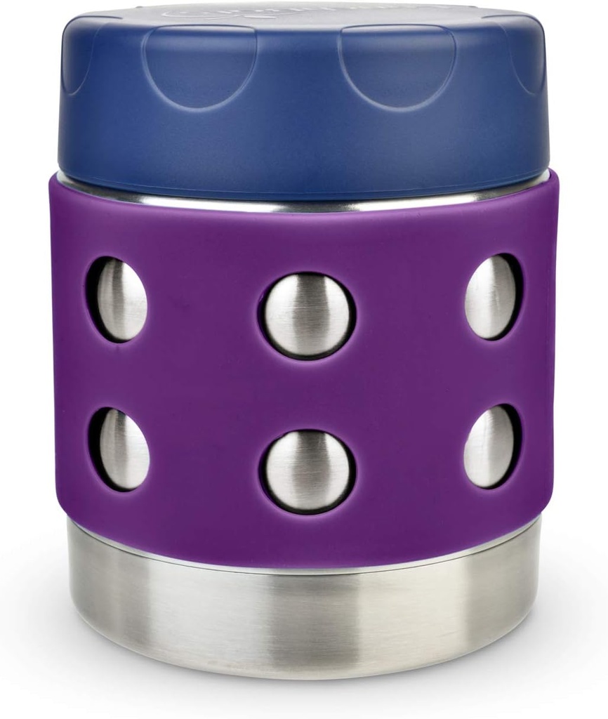 LunchBots Thermal 8 oz Triple Insulated Thermo - Hot 6 Hours or Cold 12 Hours - Leak Proof Thermo Soup Jar - All Stainless Interior - Navy Lid - Purple Dots