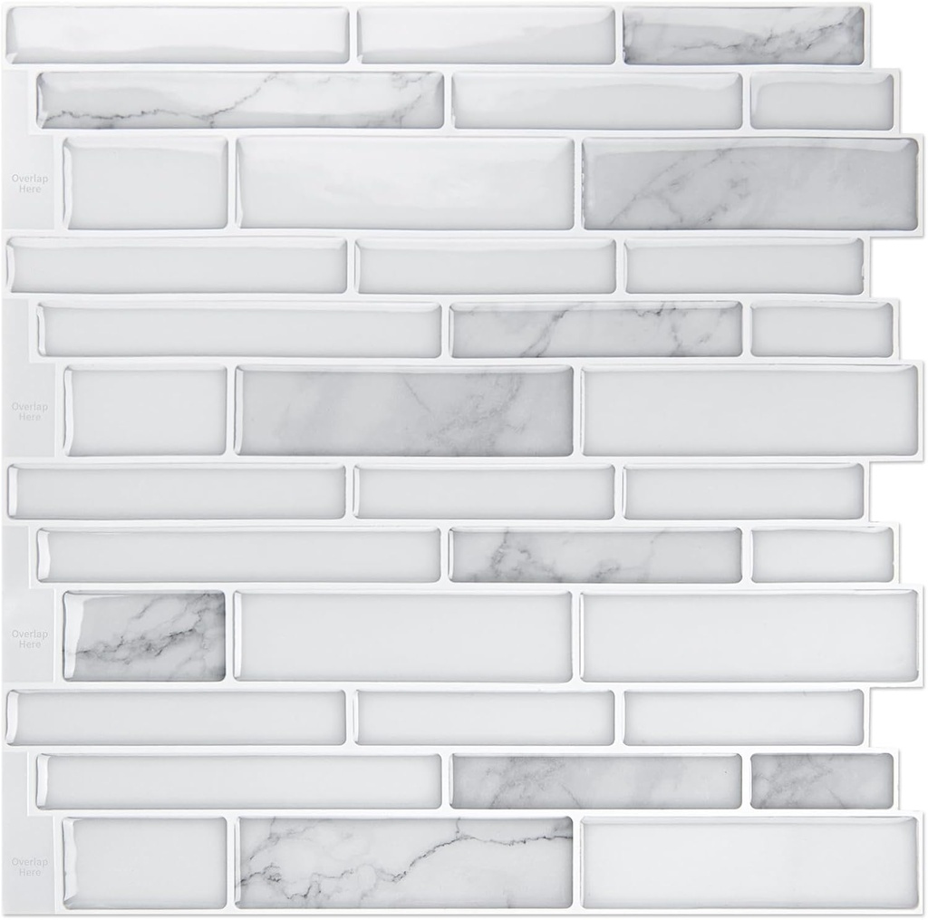 Art3d 10-Sheet Premium Stick On Kitchen Backsplash Tiles, 12"x12" Peel and Stick Self Adhesive Wall Tiles, White Marble Design