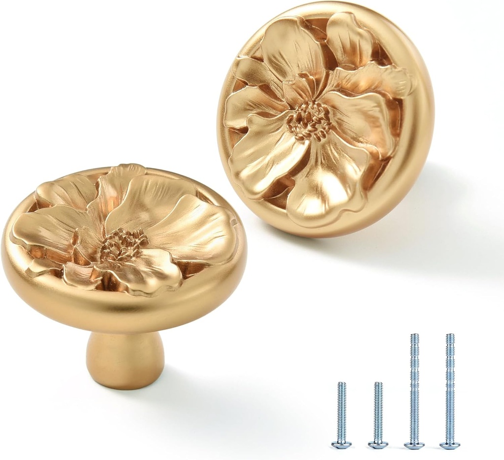 Flower Cabinet Pulls Handle Knob Drawer for Kitchen Dresser Wardrobe Bathroom and Cupboard One Hole Hardware Knobs for Girl Easy Installation Pack of 10 Champagne Bronze
