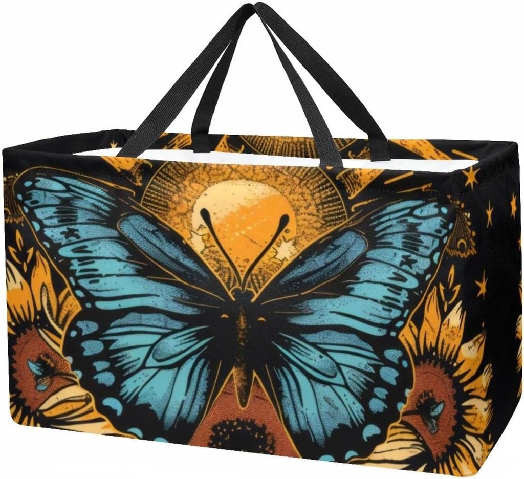 Reusable Grocery Bags for Women Large Retro Butterfly with Sun Flowers Shopping Tote Bag for Beach Groceries Picnic