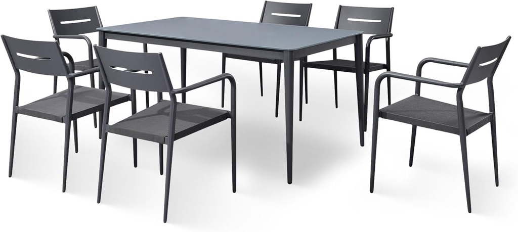 Island Retreat Bali Contemporary 7 Piece Outdoor Dining Set – Weatherproof Power-Coated Aluminum Table & Stackable Durable Textilene Mesh Chairs - Pool & Patio Dining Set for 6 People, Slate Grey