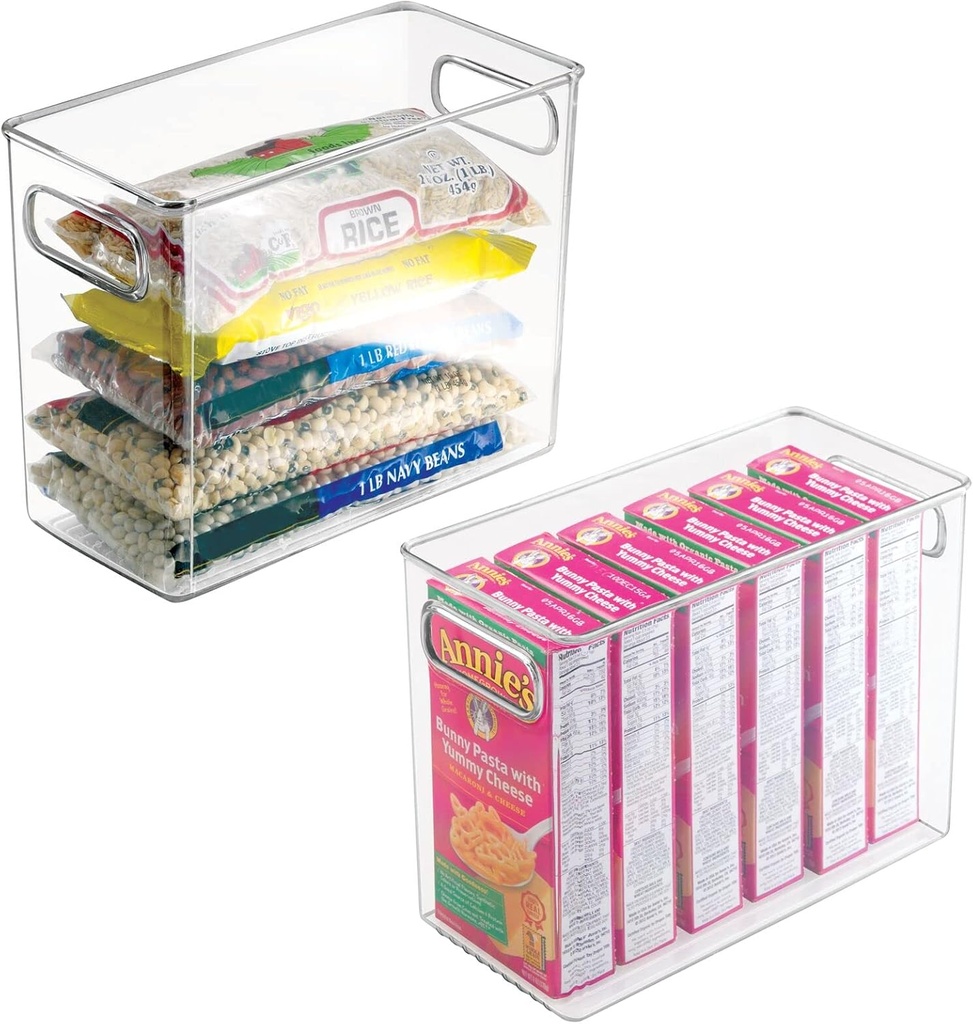 mDesign Plastic Tall Food Storage Organization Container Bin with Handles for Kitchen, Pantry, Cabinet, Fridge/Freezer, Countertop - Organizer for Snacks/Appliances, Ligne Collection, 2 Pack, Clear