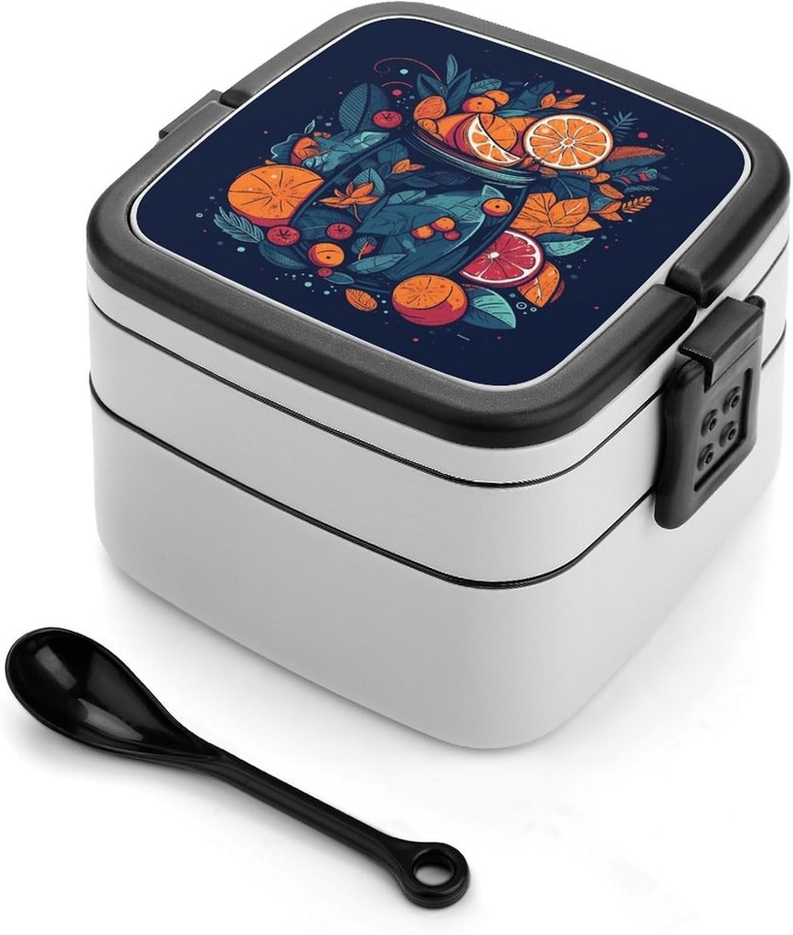 Hand Drawn Fruit Pattern Bento Box Adult Lunch Box All-in-One Lunch Containers with Removable Compartments Double Layer Bento Lunch Box with Spoon And Handle Stackable Lunchbox