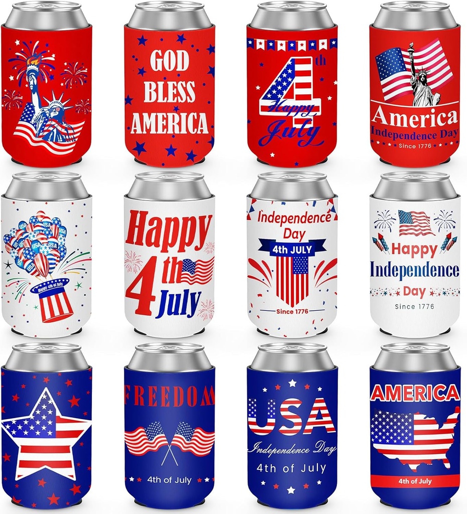 4th of July Decorations, 12 PCS American Flag Can Cooler Sleeves for Independence Day, Collapsible Drink Insulator Sleeve Neoprene Bottle Holder for Memorial Day Fourth of July Patriotic Party Favors