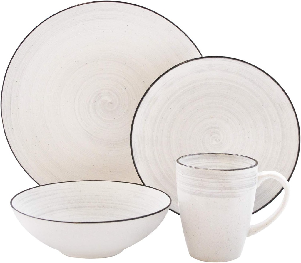 Elle Décor Whitestone Casual Round Dinnerware Set – 16-Piece Stoneware Dinner Party Collection w/ 4 Dinner Plates, 4 Salad Plates, 4 Bowls & 4 Mugs – Unique Gift for Any Special Occasion or Birthday