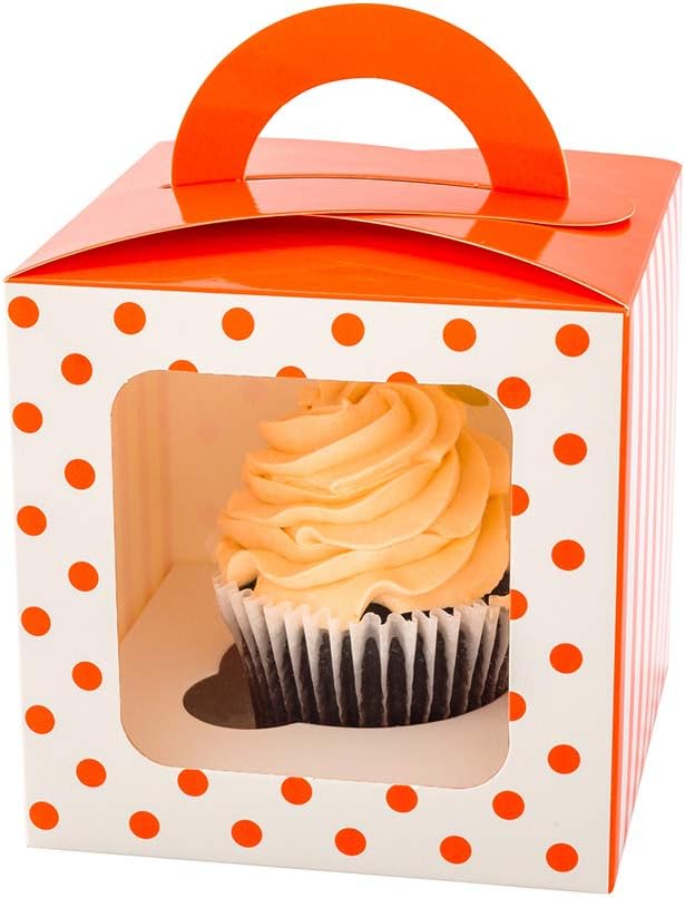 Restaurantware Pastry Tek 4.5 Inch Individual Cupcake Boxes 100 Polka Dots Cupcake Favor Boxes - Fits 1 With Window Orange Paper Cupcake Gift Boxes Built In Handle For Weddings Or Parties