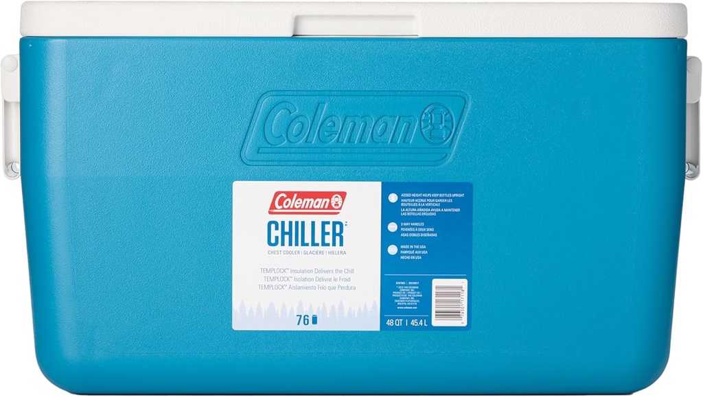 Coleman Chiller 48qt Insulated Portable Cooler with Ice Retention & Heavy-Duty Handles, Made in USA, Great for Camping, Tailgating, Parties, Sports, Concerts & More