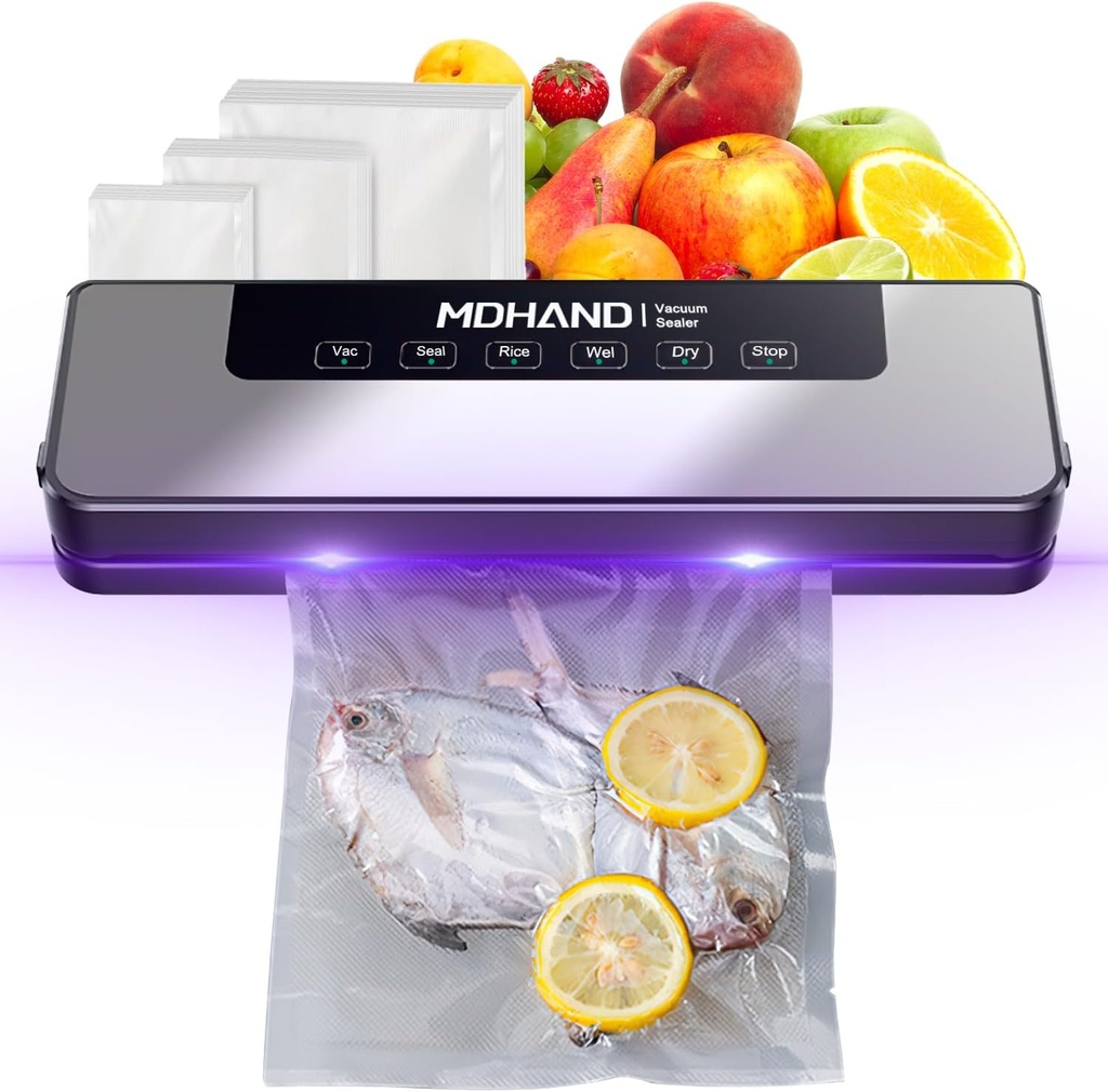 MDHAND Vacuum Sealer for Food - Food Saver Vacuum Sealer Machine with Bag, Fast-Compact Multi-Functional Strong Suction Automatic Sealing & Dry & Moist Modes Ideal for Home Kitchen Use