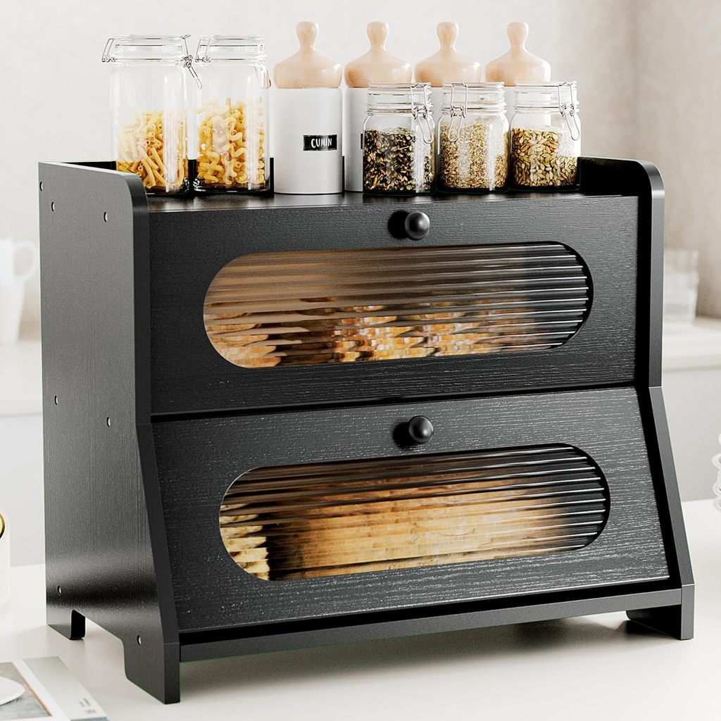 Bread Box for Kitchen Countertop,Double Layer Large Capacity Bamboo Bread Storage Container with Acrylic Wavy Door Panel for Kitchen Counter,Cabinet,Pantry(Black)