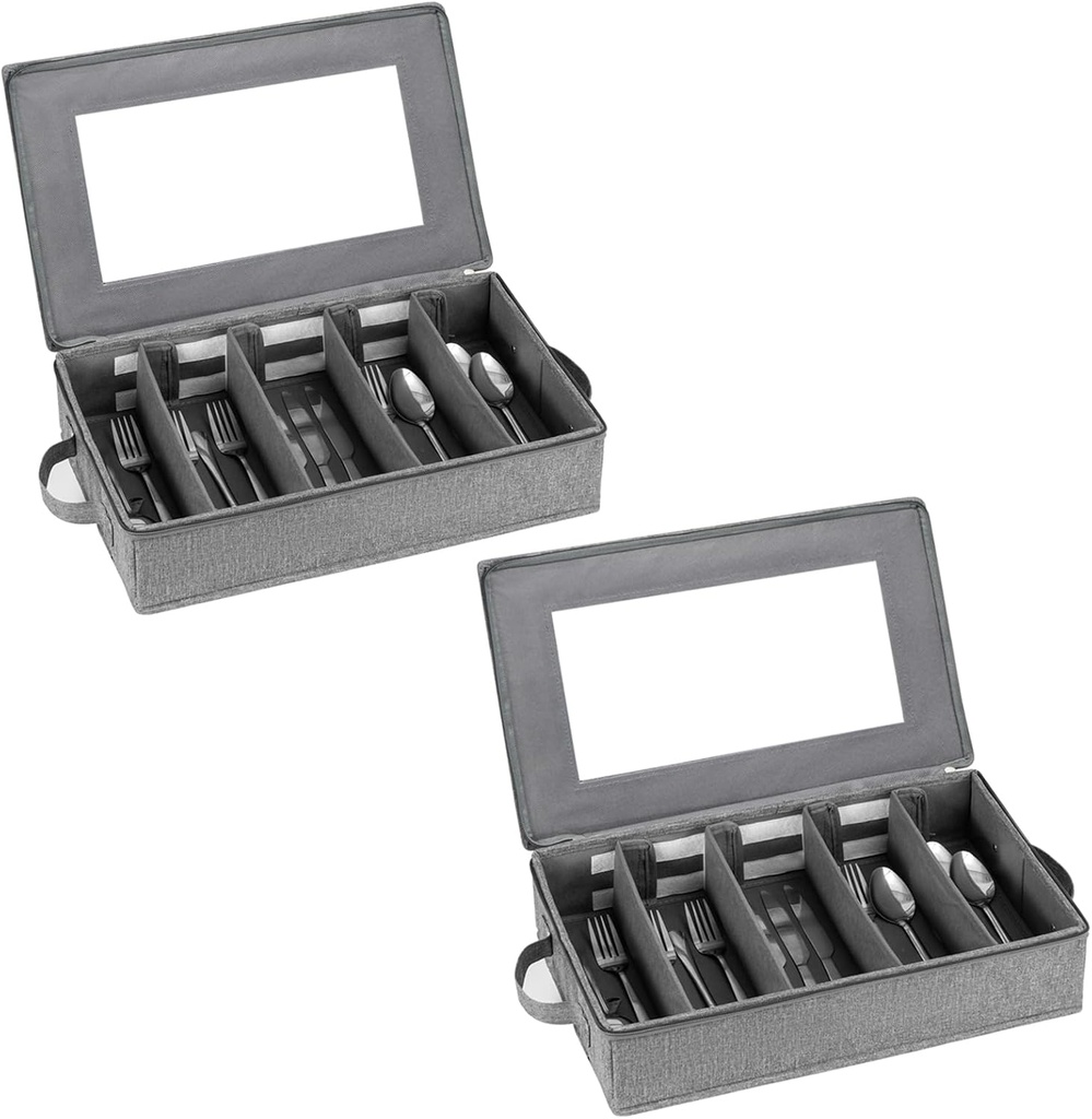 Flatware Storage Box 2 Pack, Silverware Storage Box Case Chest with Adjustable Dividers, Silverware Holder with Zipper Lid for Organizing Cutlery, Utensil, Flatware, Knives, Large Capacity Gray