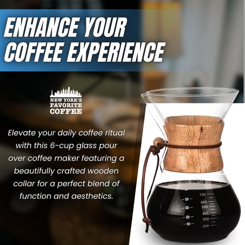 New York's Favorite Coffee - 6 Cup Pour Over Coffee Maker,Borosilicate Glass Carafe with Wooden Collar,Drip Coffee Brewer for Home & Office,Dishwasher Safe