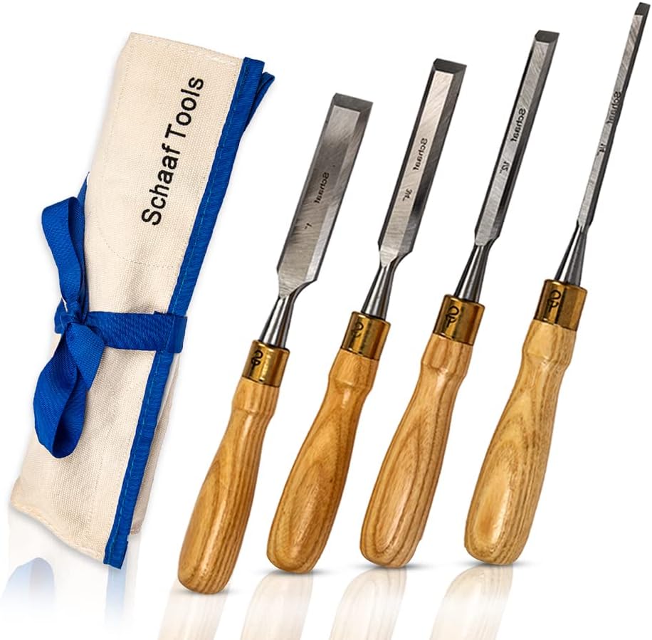 Finely Crafted Wood Chisel Set, 4 High-Performance Woodworking Chisels with Durable, Sharp CR-V Steel Blades Tempered to 60HRc, Chisel Set with Tool Roll from Schaaf Wood Carving Tools