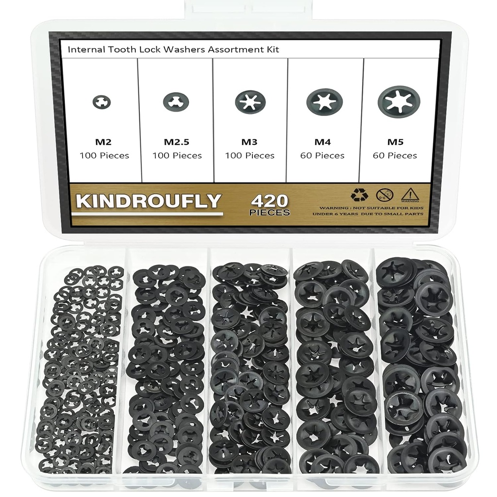 420 Pieces Internal Tooth Star Lock Washers, Kindroufly 5 Sizes Quick Speed Locking Washers, Push on Retaining Clips Assortment Kit (M2, M2.5, M3, M4, M5)