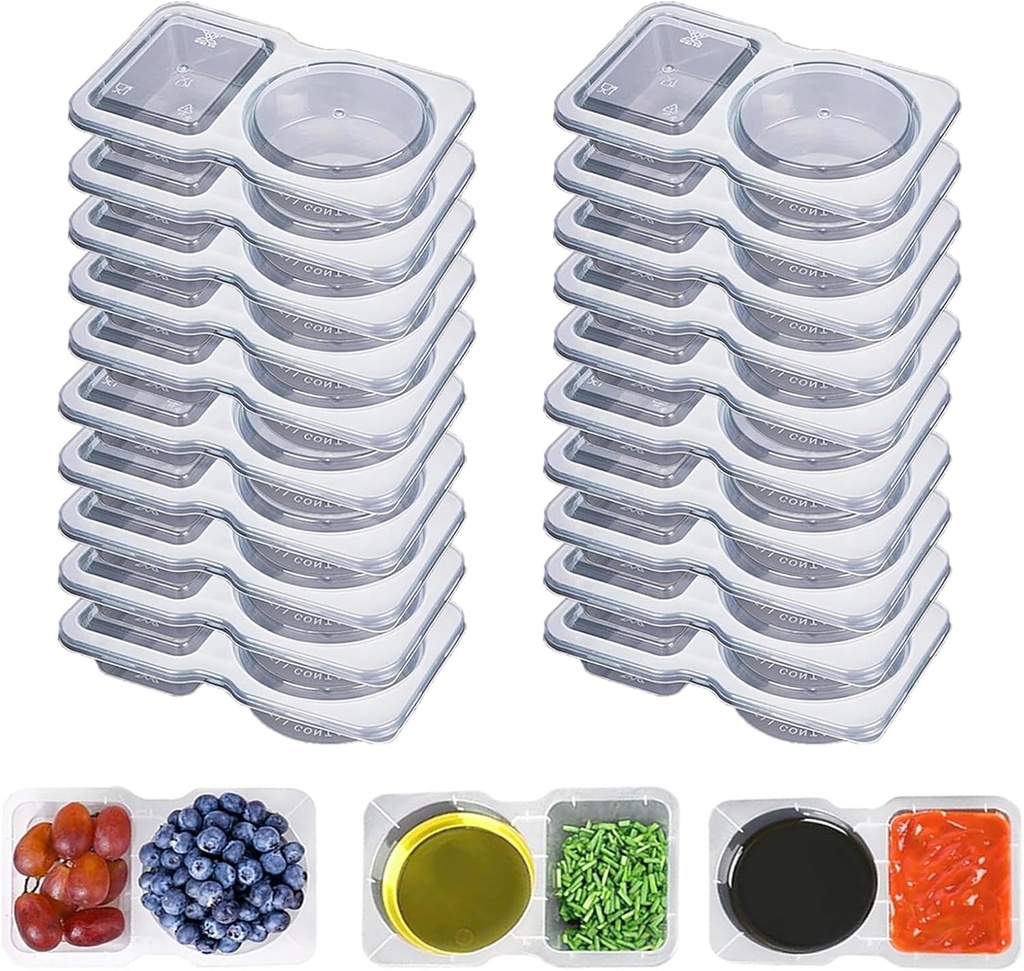 Double Compartment Condiment Containers with Lids, Snack Containers, Reusable Snack Packs for Meal Prep, Dipping Sauce, Travel Snacks (20PCS)