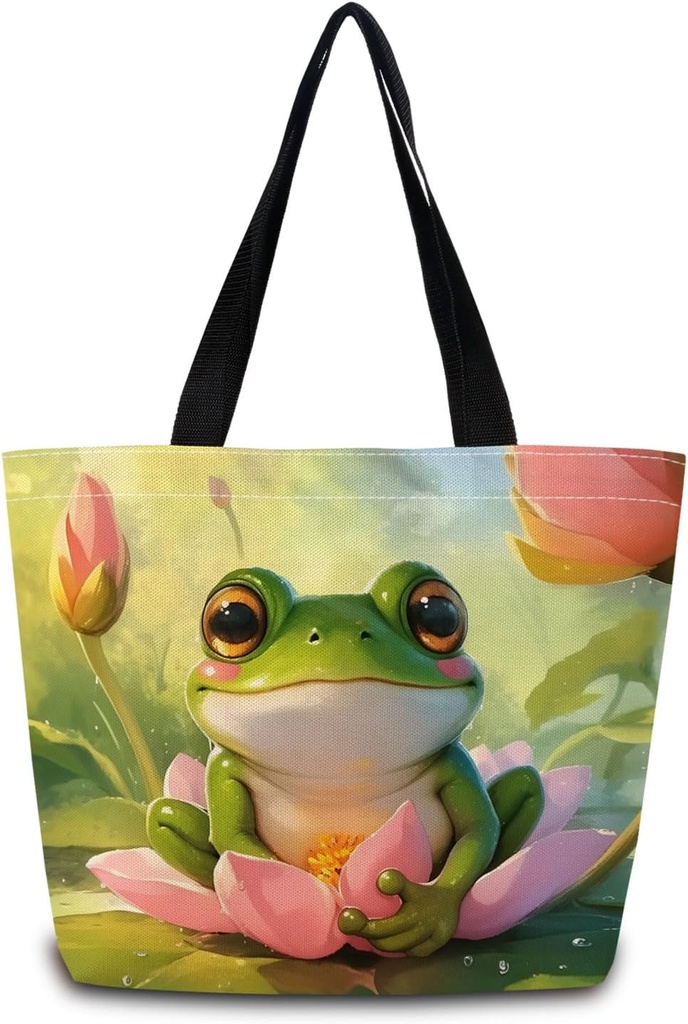 Lotus Flower Frog Tote Bag Reusable Grocery Bags Cute Aesthetic Shopping Shoulder Handbag with Interior Zipper Pocket Stylish Lotus Flower Frog Present for Women