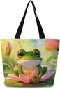 Lotus Flower Frog Tote Bag Reusable Grocery Bags Cute Aesthetic Shopping Shoulder Handbag with Interior Zipper Pocket Stylish Lotus Flower Frog Present for Women