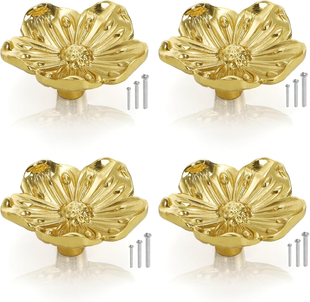 Tebery 4 Pcs Gold Flower Cabinet Knobs, Brass Vintage Drawer Pulls with Screws, Decorative Dressers knobs, Kitchen Bathroom Cupboard Door Hardware Handles
