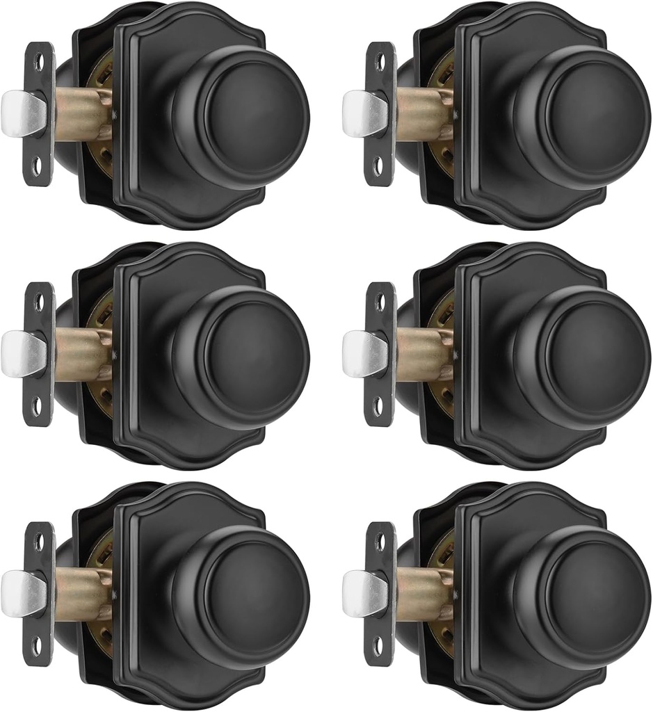 6 Pack Matte Black Door Knobs with Camelot Trim,Interior Door Knob with Lock,Coastal Door knob for Hall & Closet