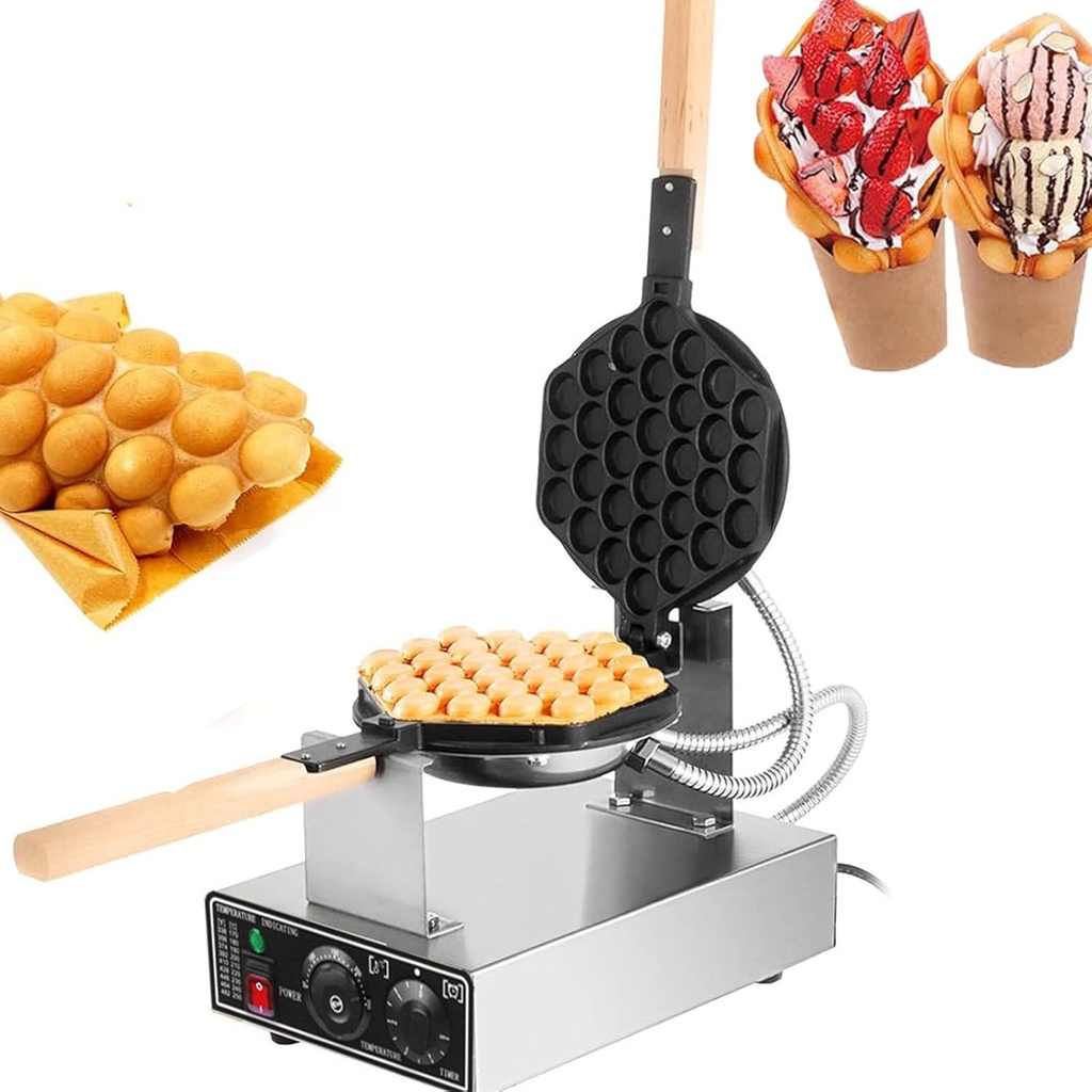 Commercial Bubble Waffle Maker, 1400W Waffle Panini Maker,Kitchen Nonstick Egg Bubble Baking Mold Plate Waffle Maker Pan Tool for Home Commercial Use(Stainless Steel, Wood)