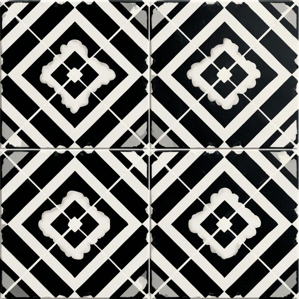 Peel and Stick Floor Tiles 12x12 Inch Black and White Geometric Diamond Pattern Self Adhesive Vinyl Flooring Square Planks for Kitchen Bathroom Bedroom Living Room Home Renovation DIY Decor