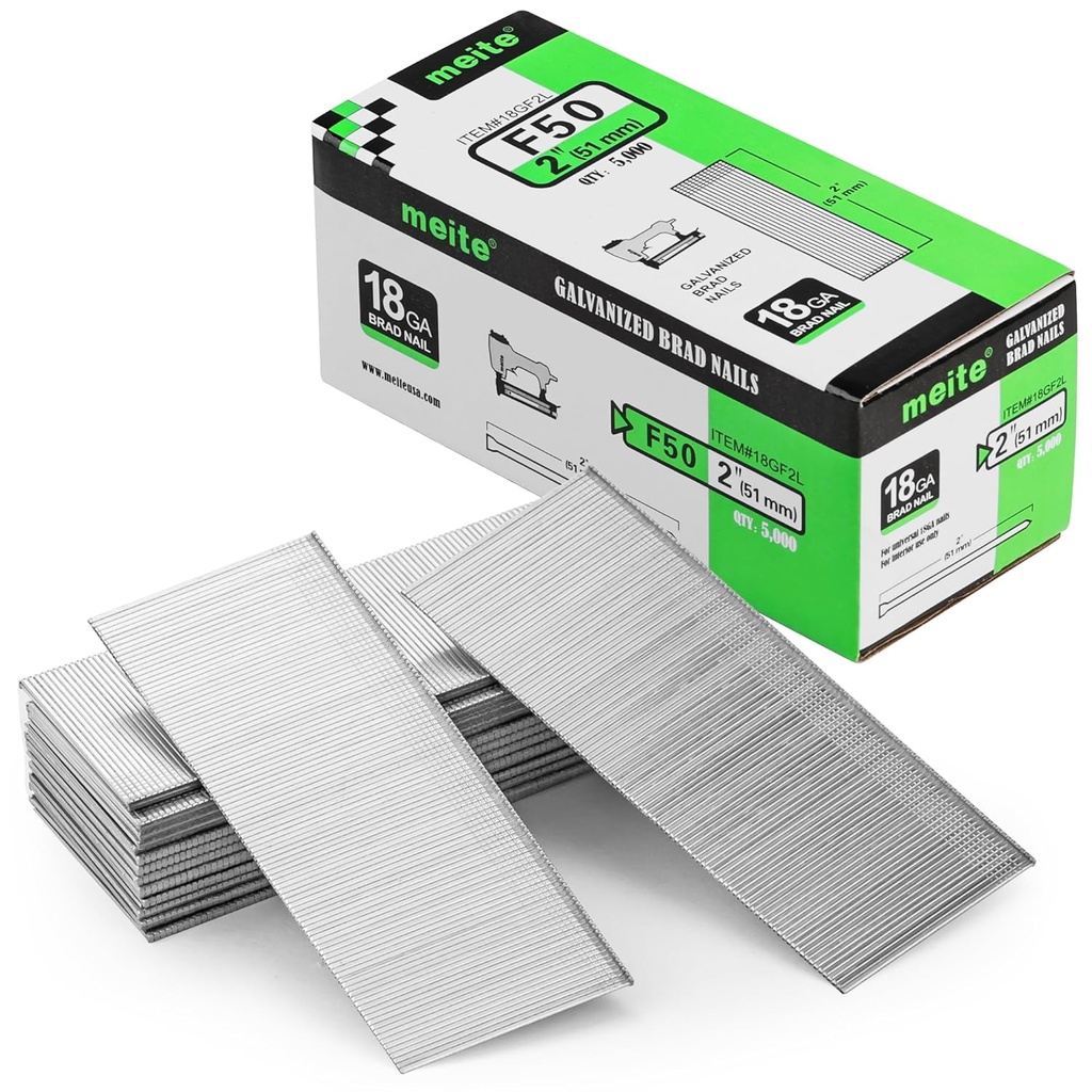 meite F50 18 Gauge 2-Inch Leg Length Galvanized Brad Nail Ideal for Upholstery, Trims, Molding, Woodworking 5000pcs/Box (1 Case - 8 Boxes)