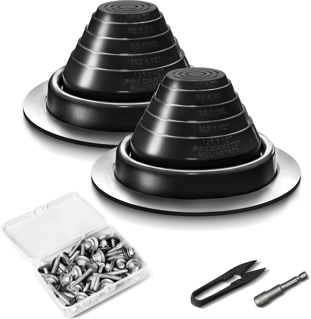 #3 Metal Roof Vents Flashing, Pipe Roofing Boots Kit for Houses Fits Pipe Od 1/4" to 5", High Temp Silicone Roof Jacks Include Roofing Screws & Hex Socket and Scissors - 2 Pcs, Black