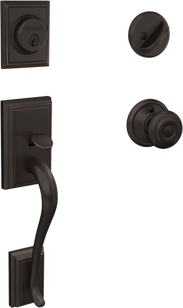 Schlage F60 V ADD 716 GEO Addison Front Entry Handleset with Georgian Knob, Deadbolt Keyed 1 Side, Aged Bronze