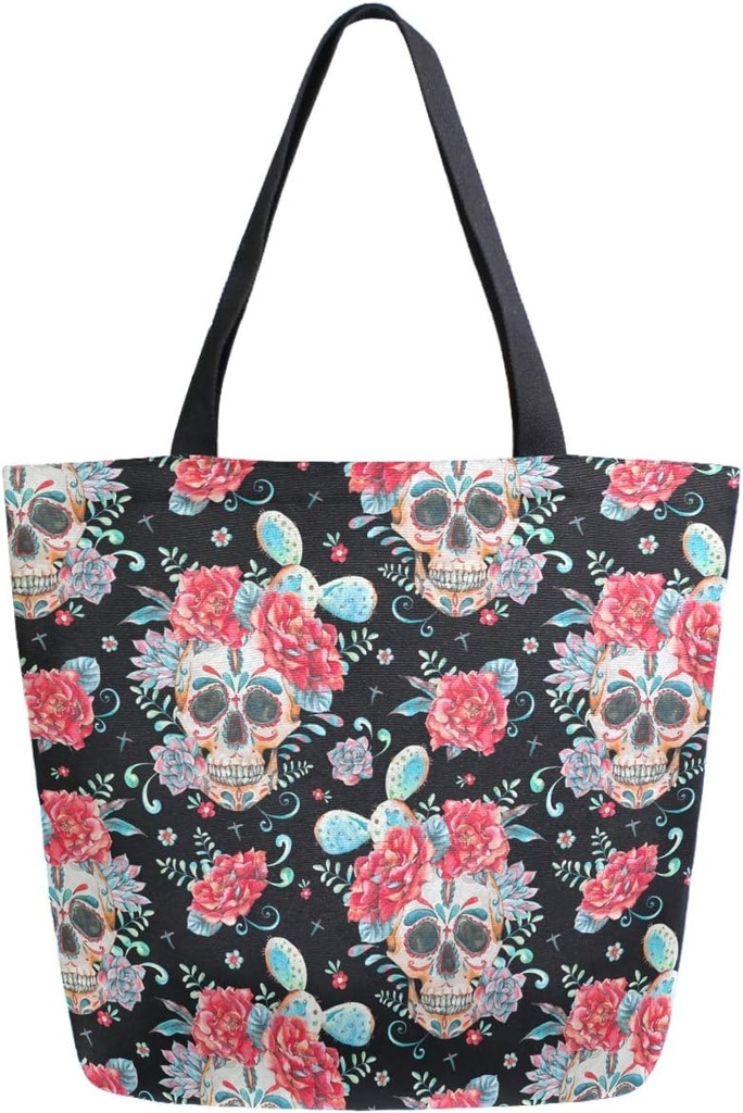 Chic Extra Large Shoulder Grocery Tote Bag, Day of The Dead Sugar Skull Cactus Floral Canvas Reusable Handle Bags for Men Women Gym Weekender Picnic Beach Travel Home Storage Market Shopping