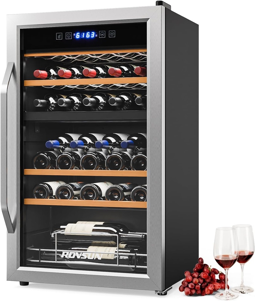 ROVSUN Dual Zone Beverage Cooler Refrigerator, 33 Bottle Chiller with Glass Door & Digital Temperature Control, Freestanding for Wine, Champagne, Beer