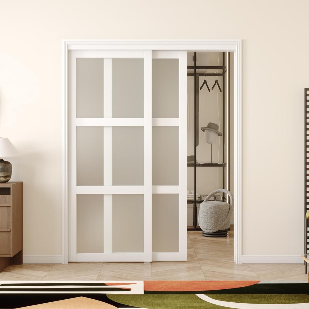 Sliding Closet Door, 60"×80"(Double 30"), Double Frosted 3 Panel Glass Sliding Door, Hardware Include, Pre-Drilled Door Panel Need to Assemble, MDF, White
