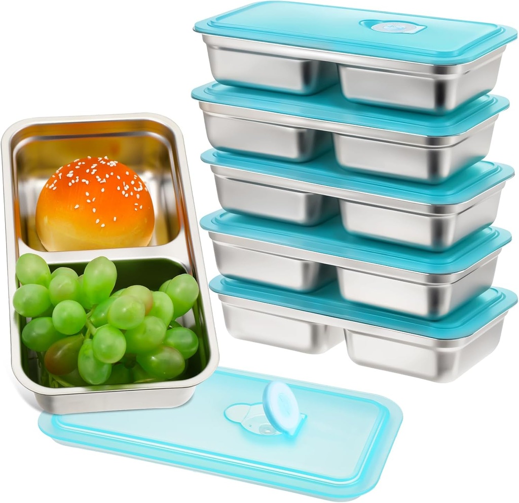 6 Pcs Stainless Steel Bento Boxes 2 Compartments Food Storage Containers Divided Meal Prep Lunch Box Reusable Snack Container with Leakproof Lids for Adults 30 oz Dishwasher Safe