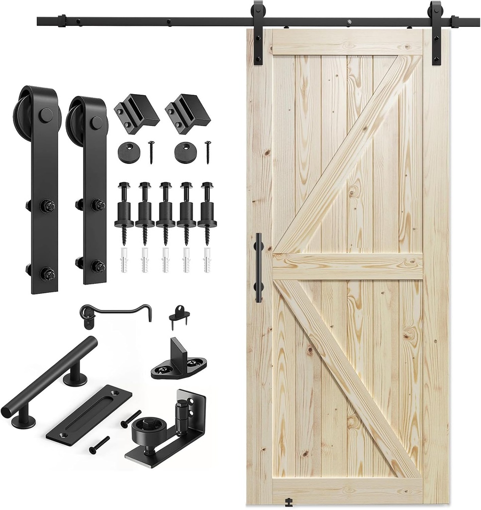 SMARTSTANDARD 36in x 84in Sliding Barn Door with 6.6ft Barn Door Hardware Kit Included, Unfinished Solid Spruce Wood Door, Assembly Required, DIY, Stainable, Natural