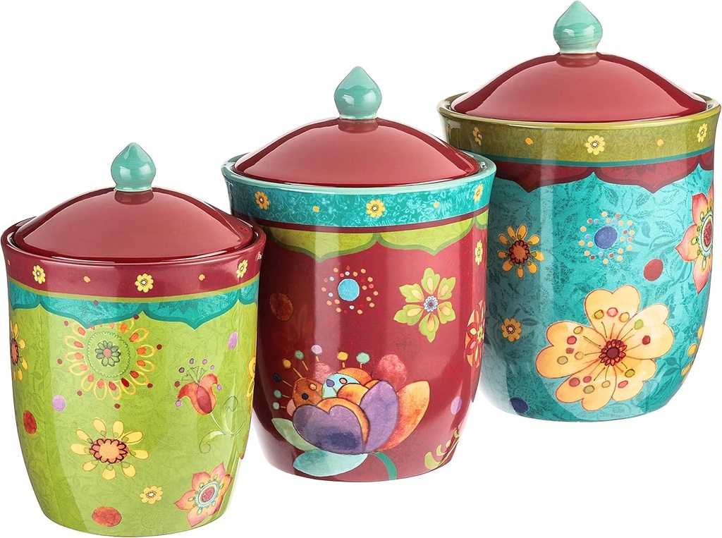 Tunisian Sunset 3-Piece Ceramic Canister Set – Colorful Floral Kitchen Storage Jars with Lids, Includes 104 oz., 72 oz., and 54 oz. Sizes for Flour, Sugar, Coffee & Dry Goods