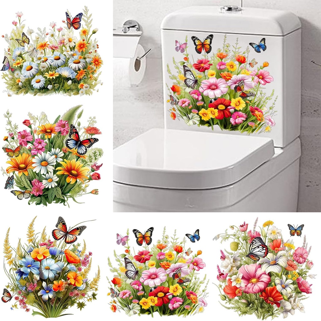Generic 5 PCS Flowers Butterfly Toilet Seat Lid Stickers Wall Restroom Cistern Decor DIY Removable Bouquet Bathtub Toilet Lid Art Decals