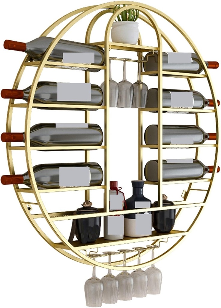 Meiiron Wall Mounted Wine Rack with Wine Glass Stemware Rack, Round Wine Glass Goblet Holder, Metal Hanging Wine Rack for Bar Wine Cellar Kitchen Storage Display (Color : Gold, Size : 90x11x90cm)