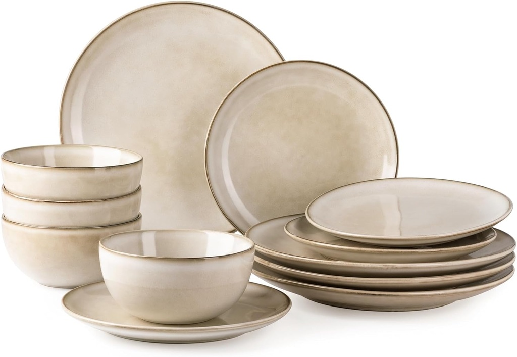 GBHOME Ceramic Dinnerware Sets for 4, 12 Pieces Stoneware Plates and Bowls Sets, Reactive Glaze Dishes -Scratch Resistant, Dishwasher&Microwave Safe-Cappuccino