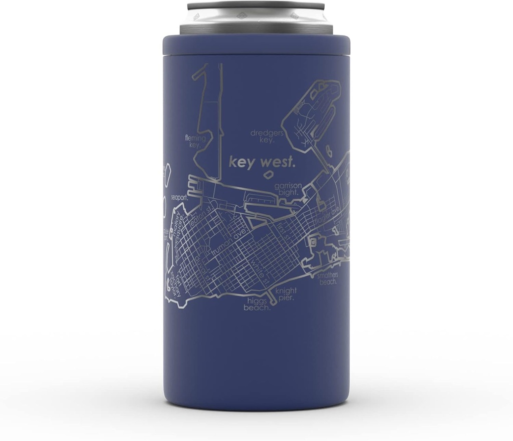 Well Told Engraved Key West Florida Map Insulated Can Cooler for 12 oz / 16 oz Cans (Midnight Blue) - Tall Can Cooler, Stainless Steel Custom-Etched City Map Can Insulator with Ice Puck Adapter