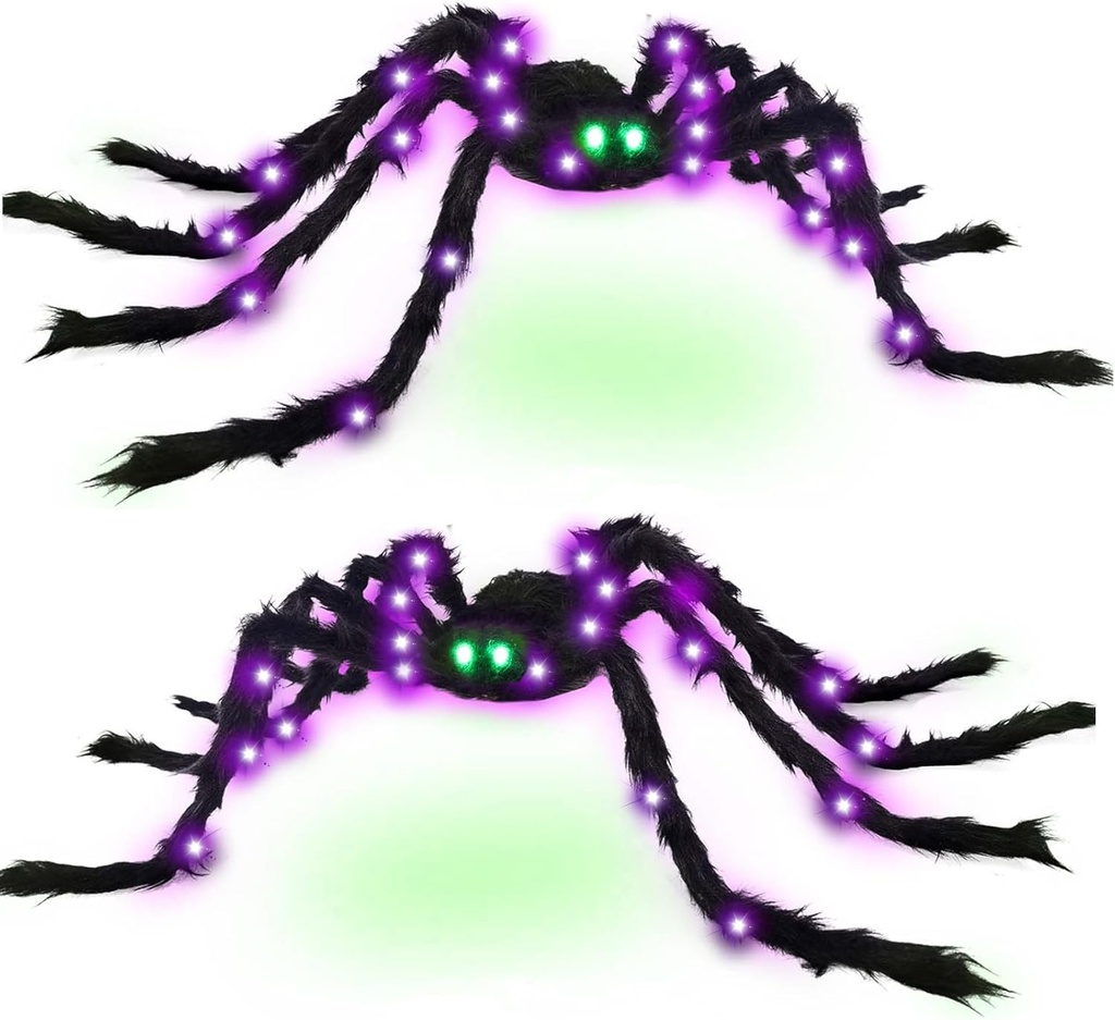 Halloween Spider Decorations 4ft Light Up Giant Spider(2 Pack) with Green Lighted Eyes for Indoor Outdoor Halloween Decorations Yard Party House Décor